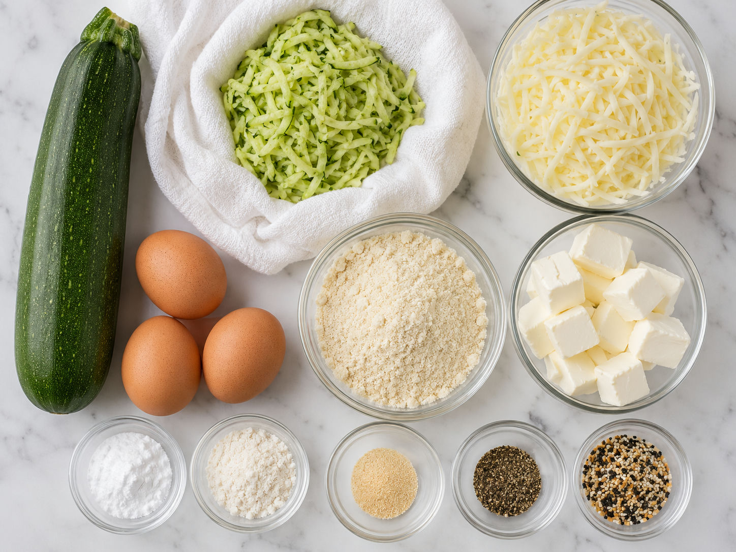 Ingredients for keto zucchini bagels with almond flour, cheese, eggs, and zucchini