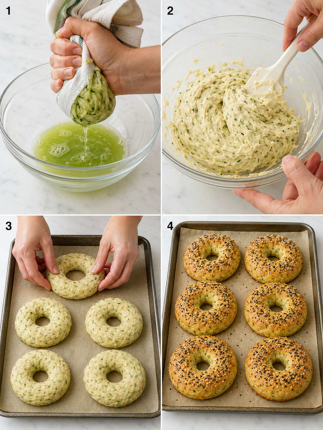 Four steps for making keto zucchini bagels from squeezing to baking