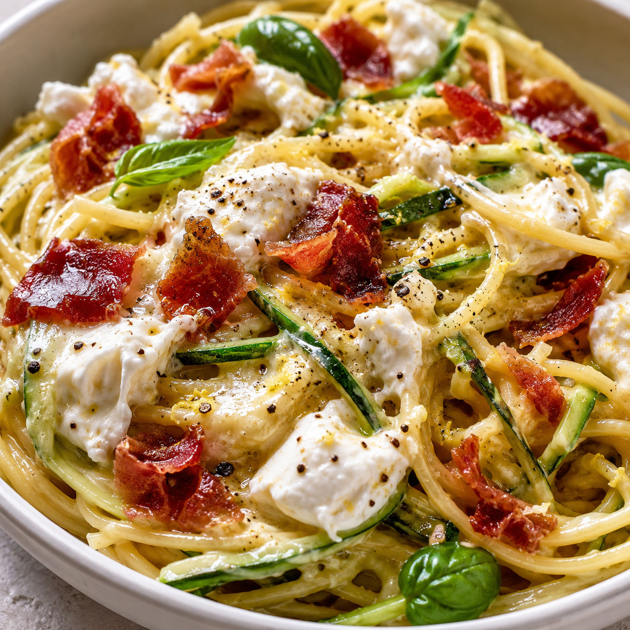 Zucchini carbonara with burrata, crisp prosciutto, basil, and lemon zest