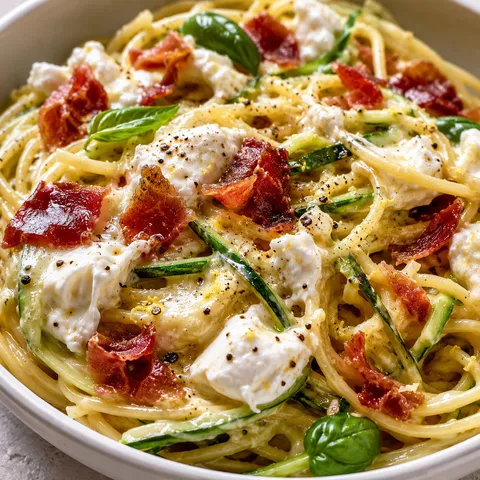 Zucchini carbonara with burrata, crisp prosciutto, basil, and lemon zest