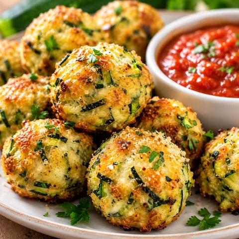 Golden zucchini garlic bites with marinara on a white plate