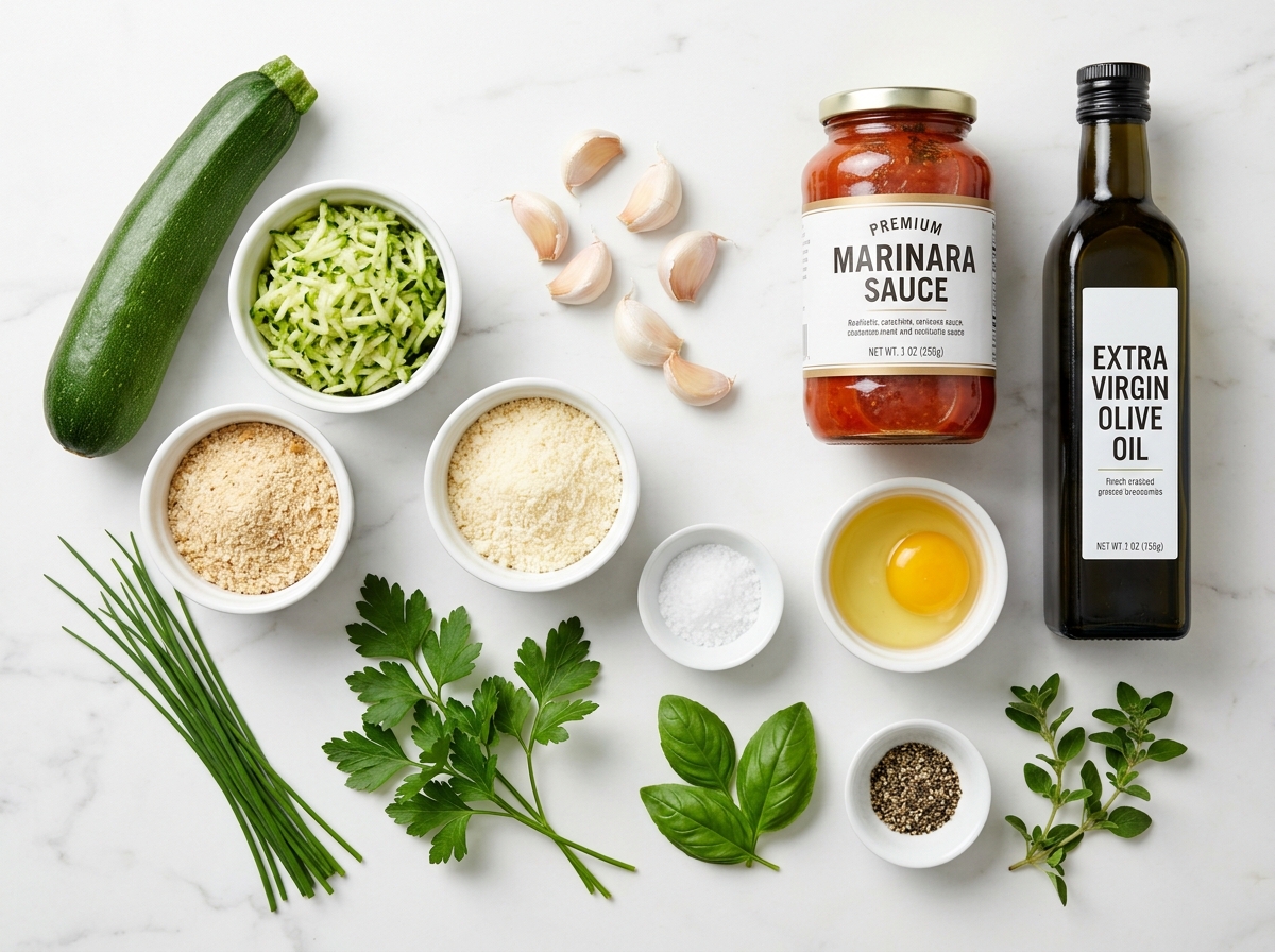 Ingredients for zucchini garlic bites with herbs, Parmesan, and marinara