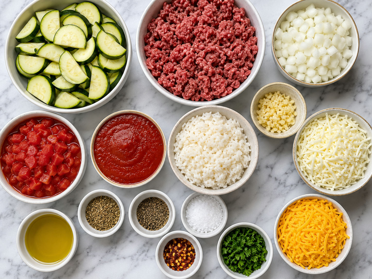 Ingredients for zucchini hamburger casserole with beef, rice, tomato, and cheese