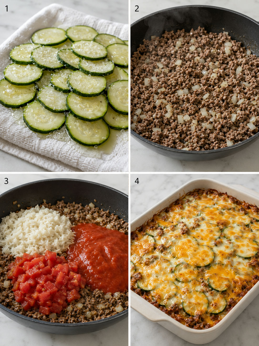 Four cooking steps for zucchini hamburger casserole from draining to baking
