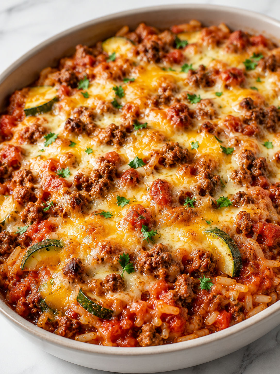 Cheesy zucchini hamburger casserole spoonful with beef, tomato rice, and parsley