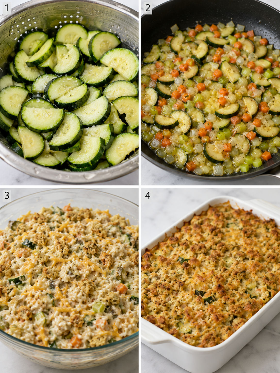 Four steps for making zucchini rice casserole with stuffing topping