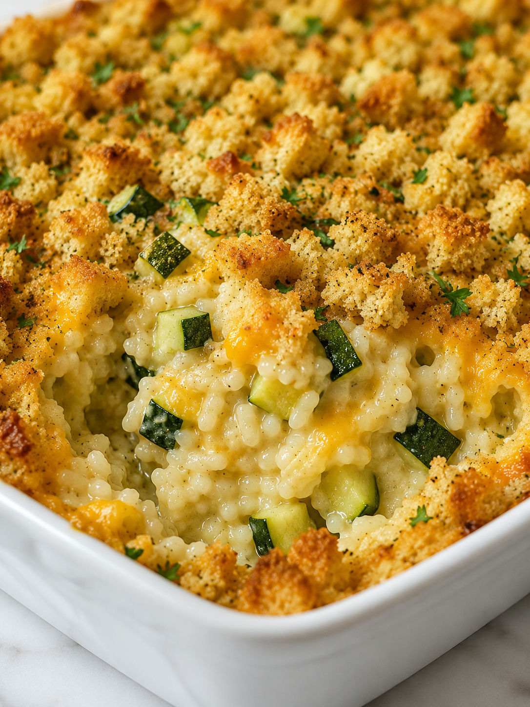 Creamy zucchini rice casserole with crisp stuffing topping on a spoon