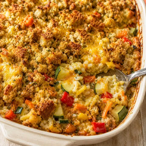 Zucchini rice stuffing casserole with golden crumbs and vegetables