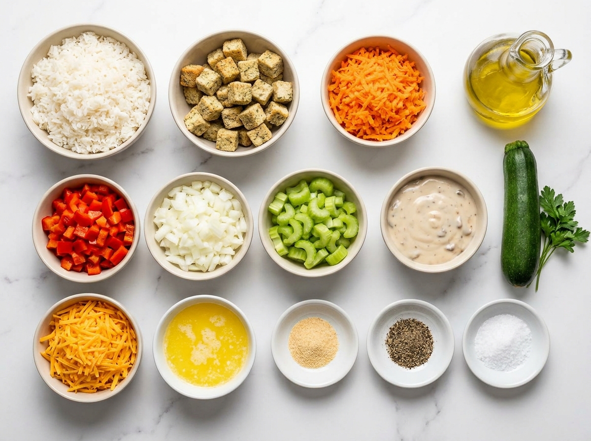Ingredients for zucchini rice stuffing casserole with vegetables