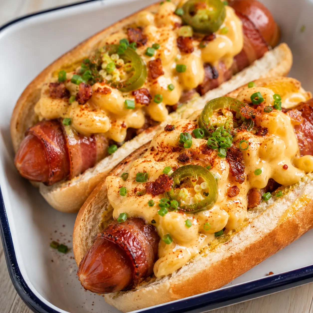 Bacon-wrapped mac and cheese hot dogs with chives and jalapenos