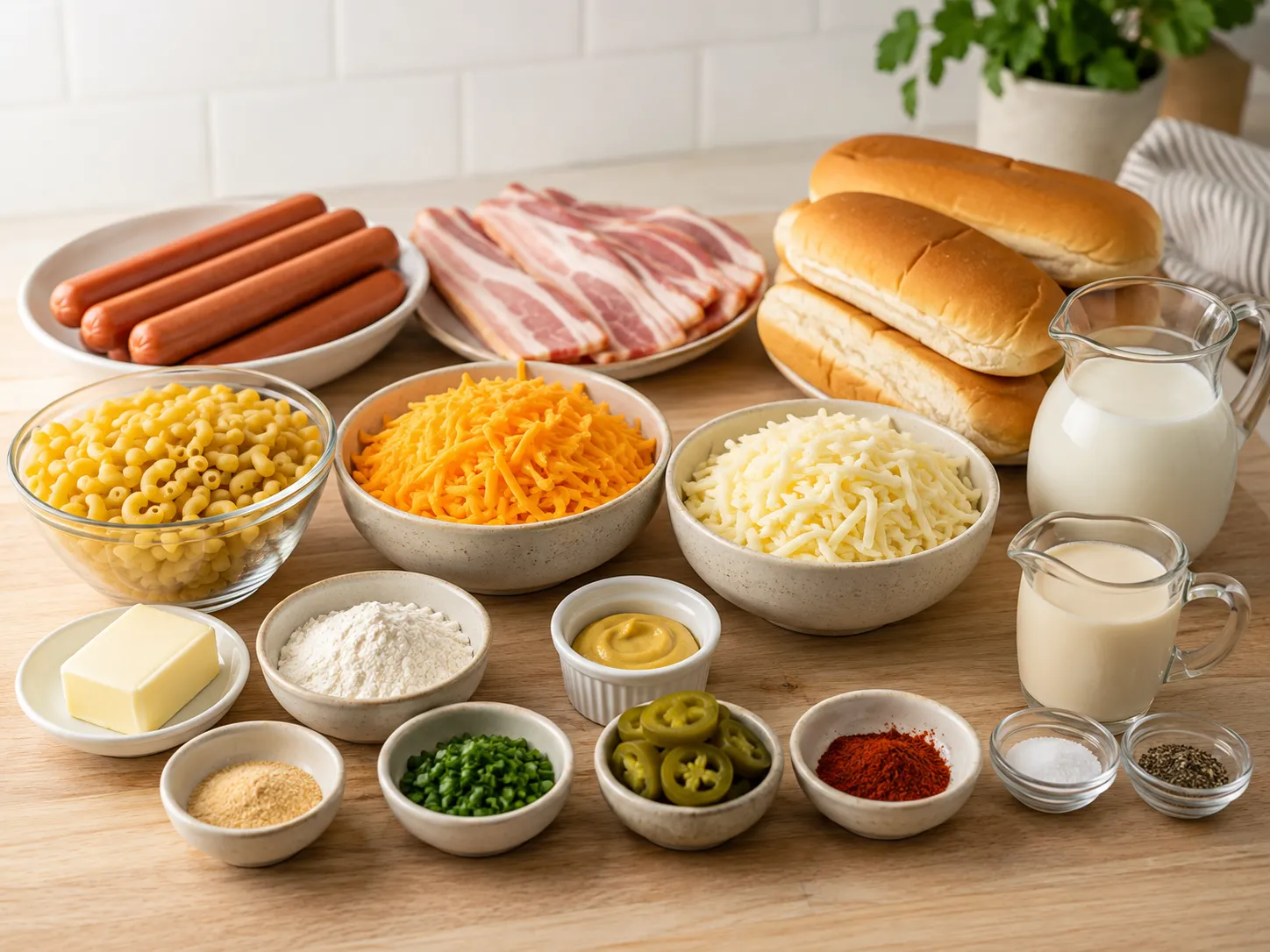 Ingredients for bacon mac and cheese hot dogs on a wooden surface