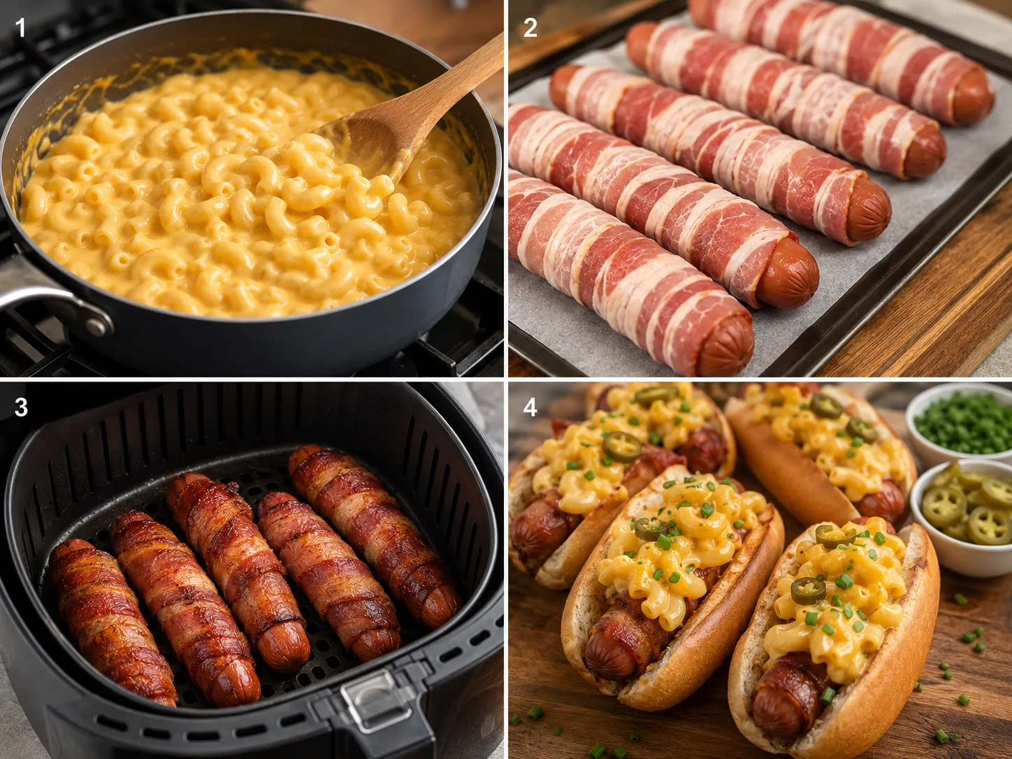 Four cooking steps for bacon mac and cheese hot dogs