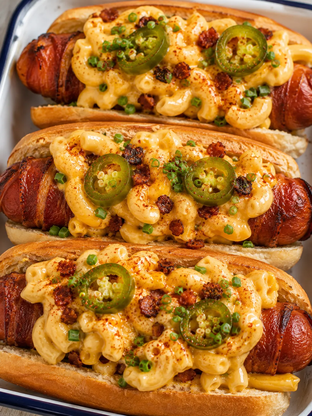 Loaded bacon mac and cheese hot dogs with jalapenos and chives