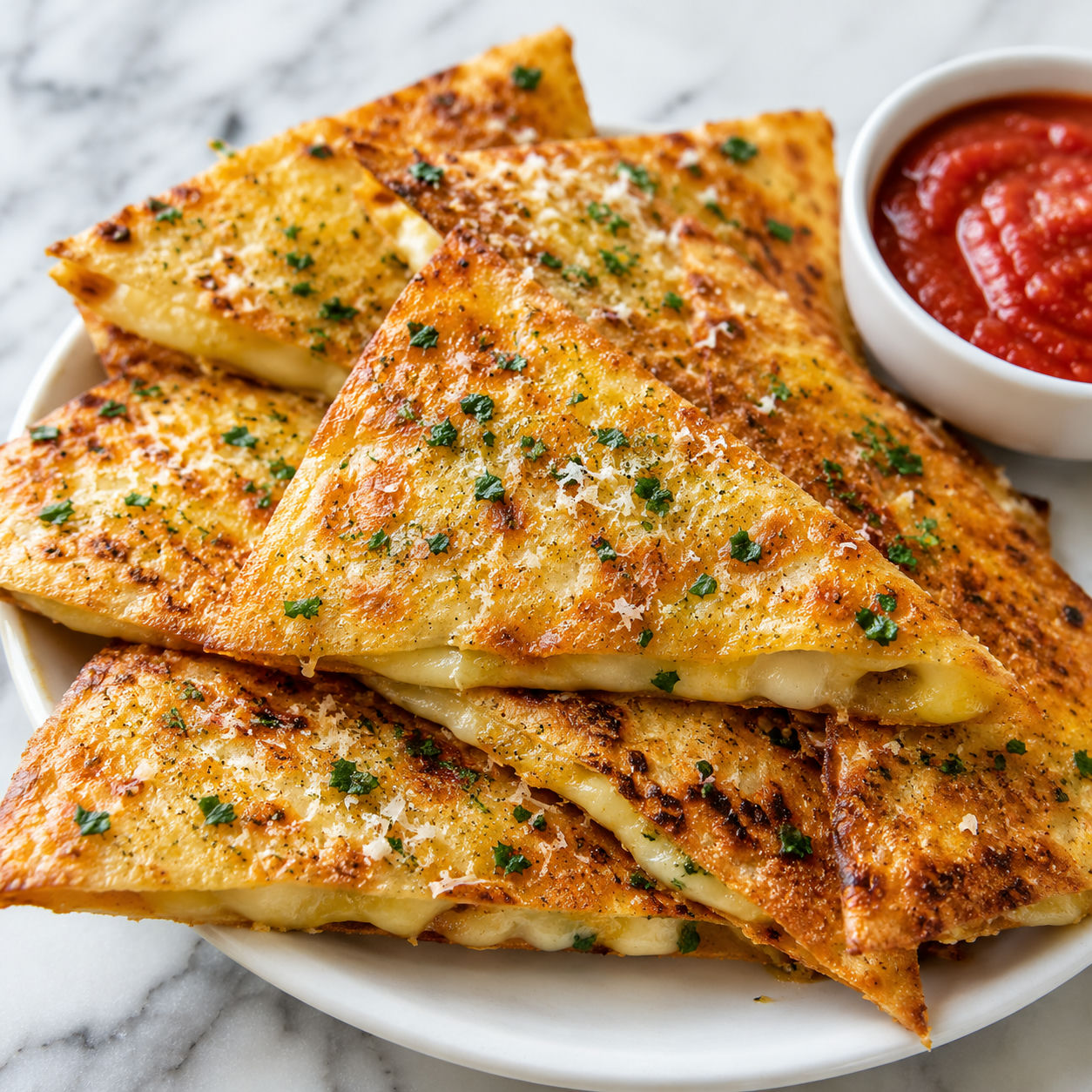 Cheesy tortilla garlic bread wedges with parsley and marinara