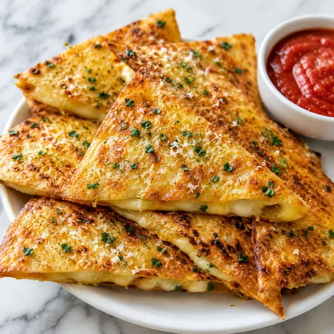 Cheesy tortilla garlic bread wedges with parsley and marinara