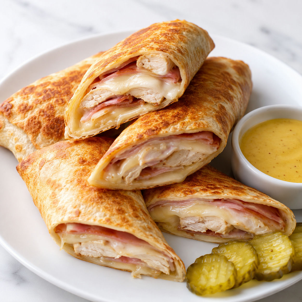 Crispy chicken ham wraps with melted Swiss and honey mustard