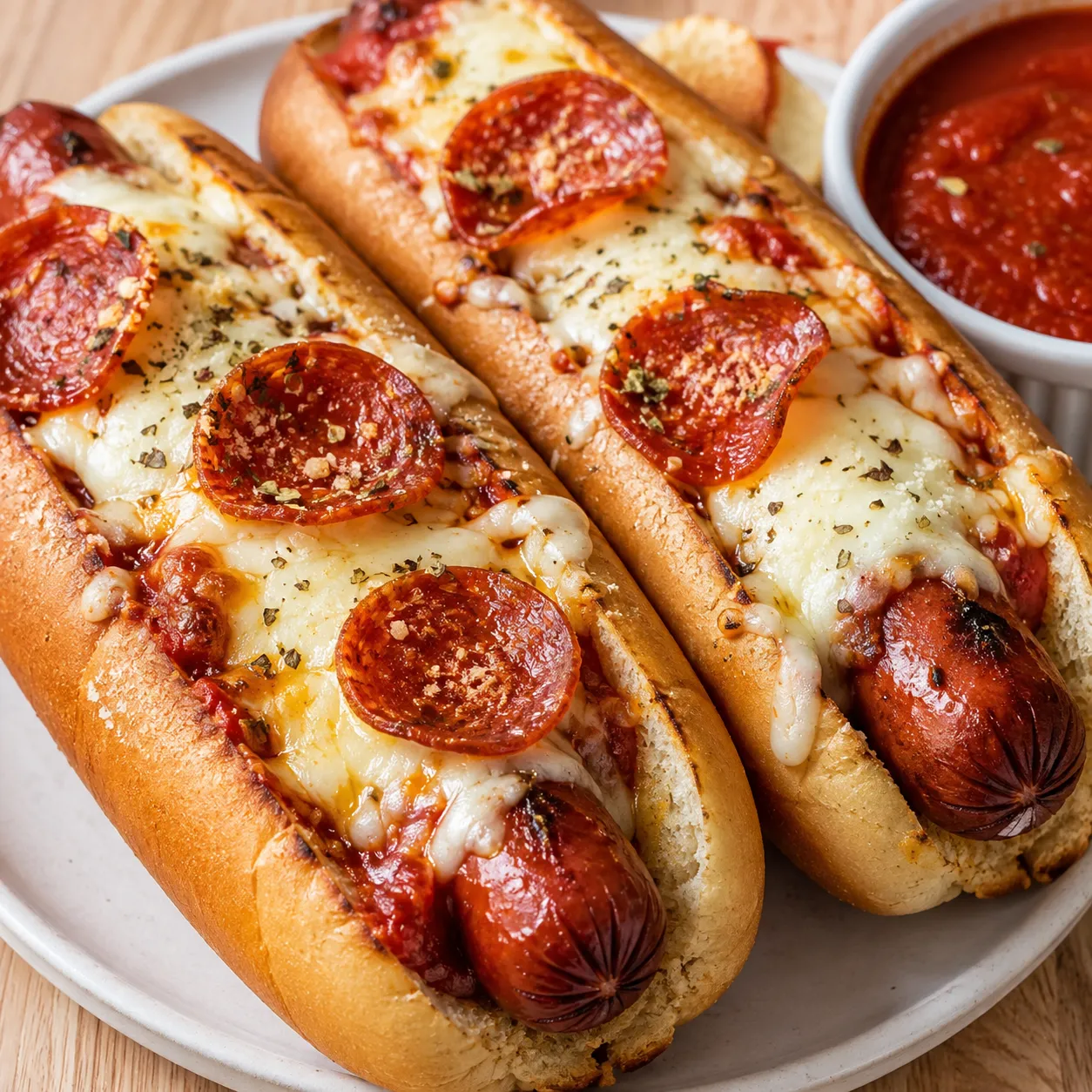 Air Fryer Pizza Dogs with melted mozzarella and pepperoni in toasted buns