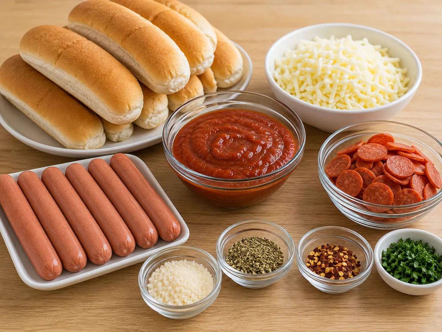 Ingredients for Air Fryer Pizza Dogs with buns, hot dogs, sauce, cheese, and pepperoni
