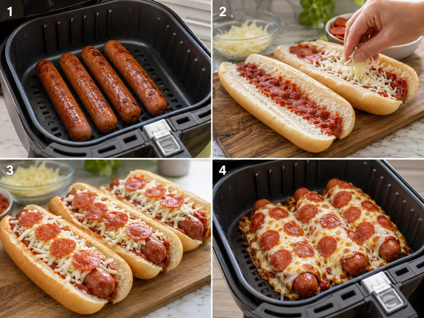 Four cooking steps for Air Fryer Pizza Dogs with sauce, cheese, and pepperoni