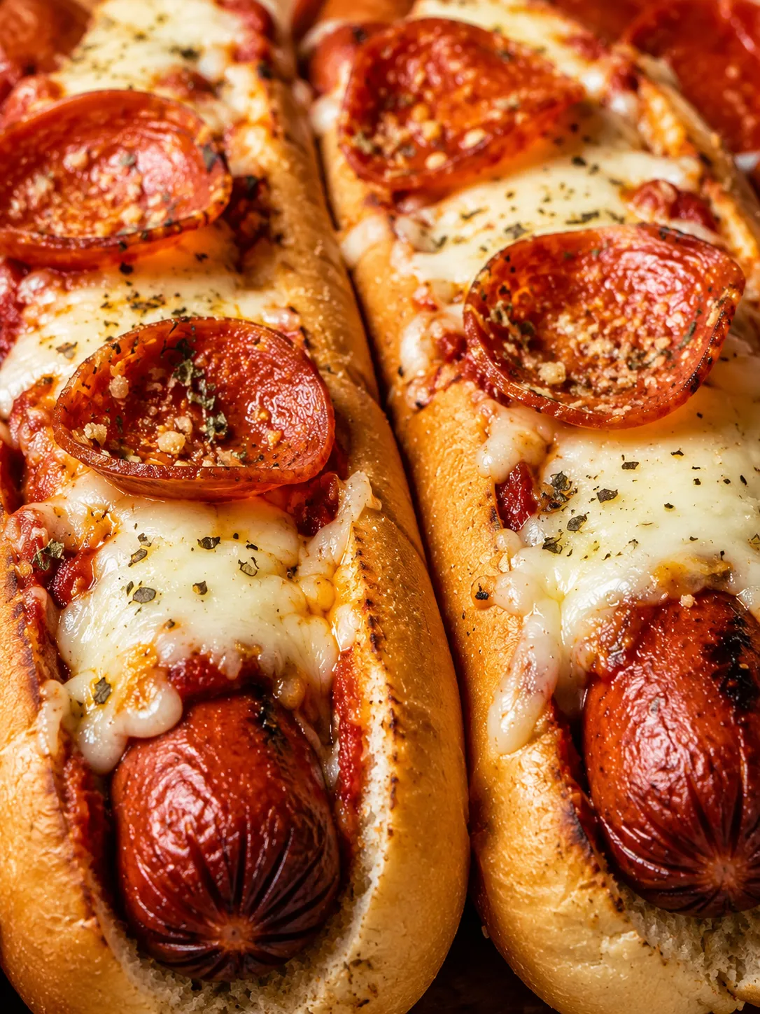 Air Fryer Pizza Dogs with bubbly mozzarella, pepperoni, and toasted buns