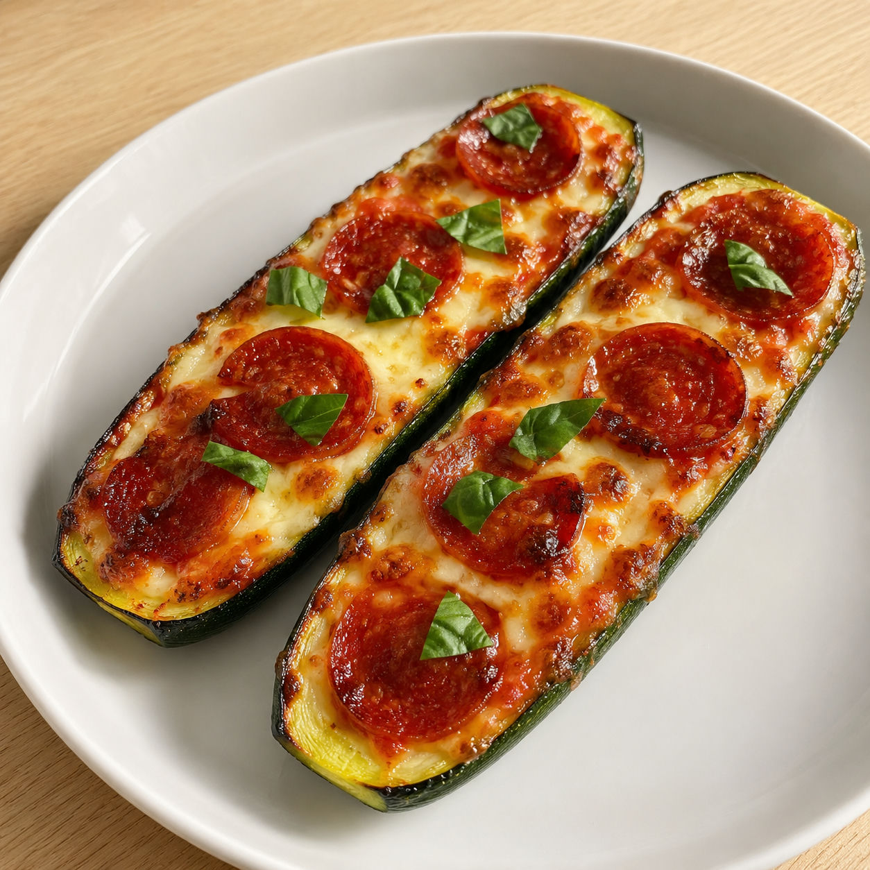 Air fryer zucchini pizza boats with bubbly mozzarella and pepperoni on a white ceramic plate