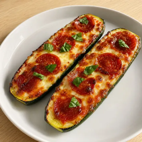 Air fryer zucchini pizza boats with bubbly mozzarella and pepperoni on a white ceramic plate