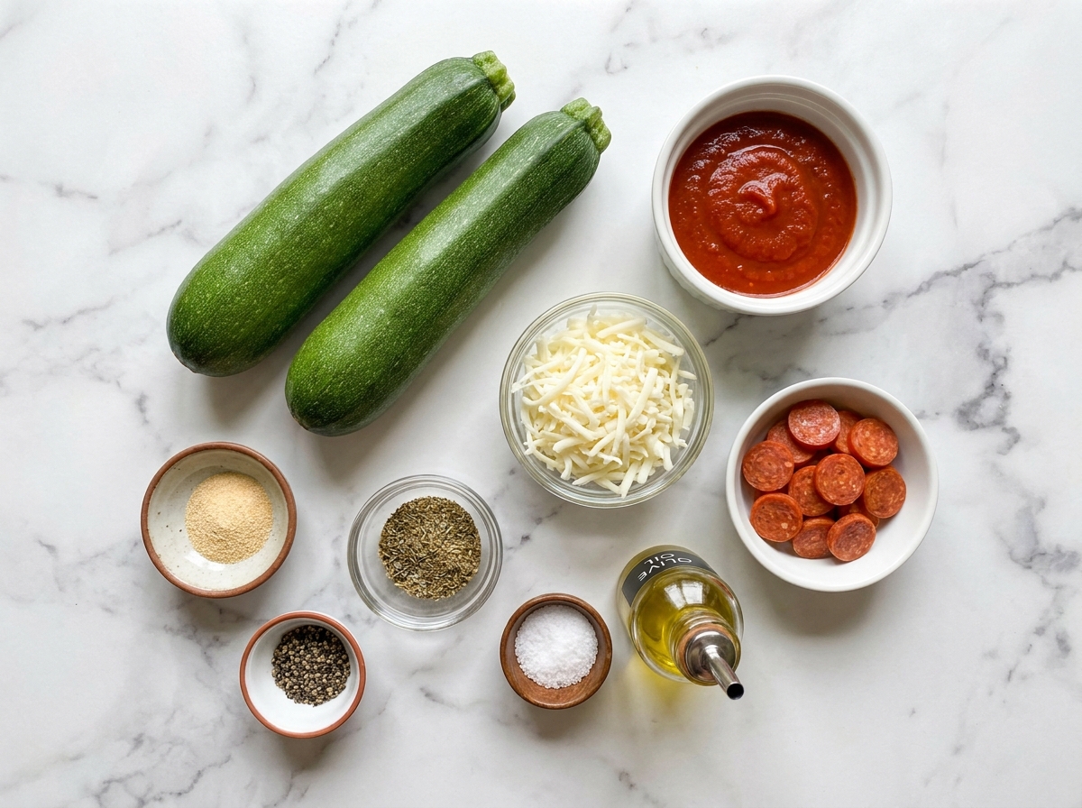 Raw ingredients for air fryer zucchini pizza boats including zucchini, mozzarella, pepperoni, and pizza sauce on marble