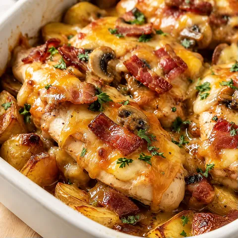 Alice Springs chicken with potatoes, bacon, mushrooms, and melted cheese