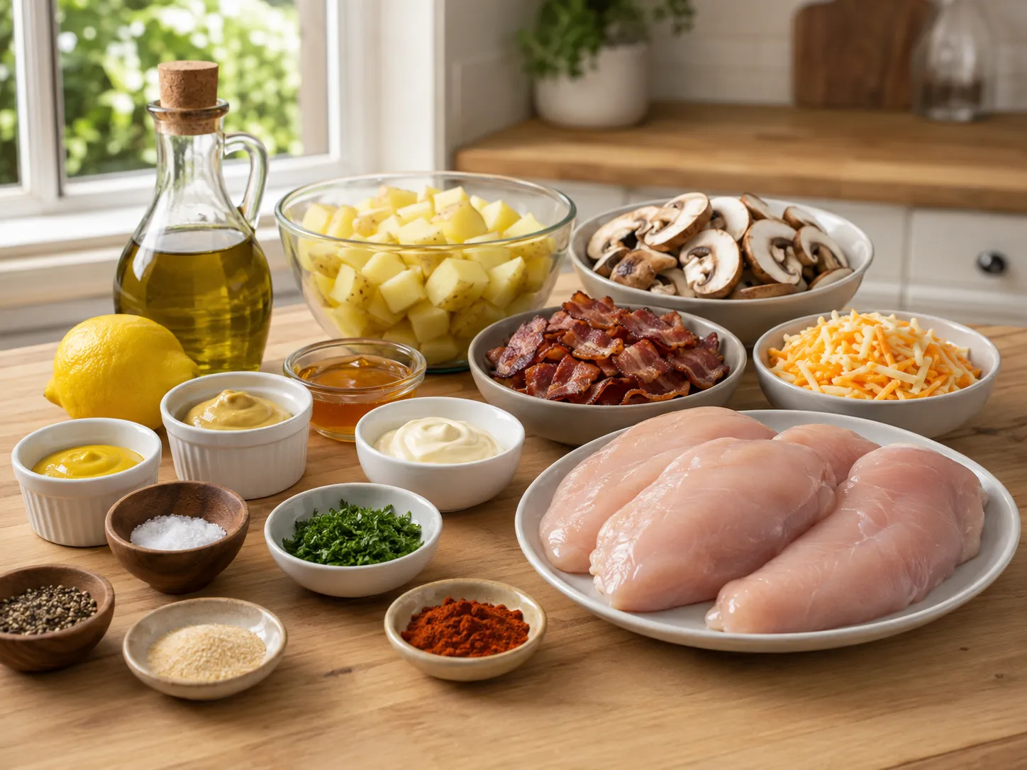 Ingredients for Alice Springs chicken and potatoes on a wooden counter