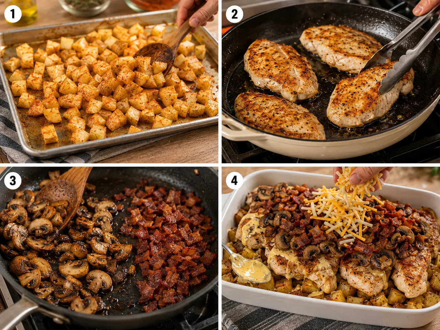 Four cooking steps for Alice Springs chicken and potatoes