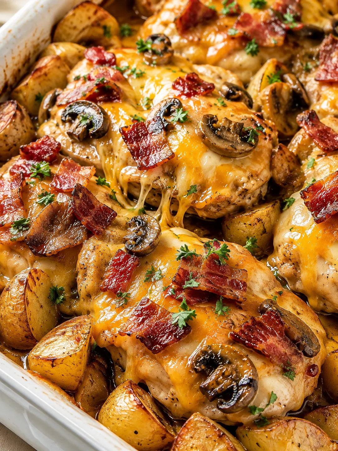 Cheesy Alice Springs chicken and potatoes with bacon and parsley