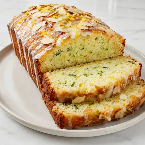 Almond flour lemon zucchini bread with lemon glaze and zucchini flecks