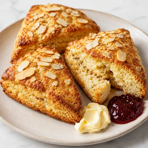 Golden almond flour scones with sliced almonds and berry jam
