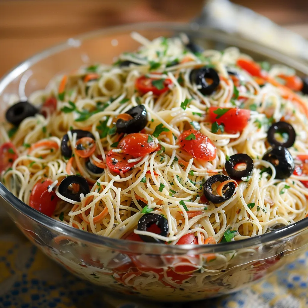 Angel Hair Pasta Salad with Mayo and Olives