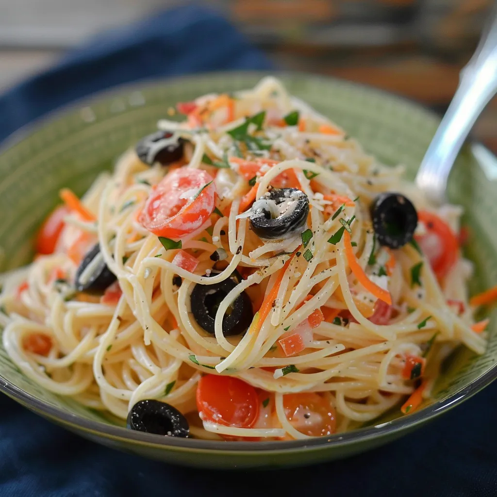 Angel Hair Pasta Salad with Mayo and Olives