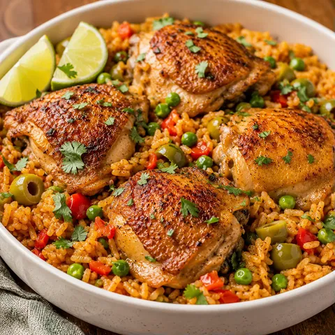 Arroz Con Pollo with browned chicken, golden rice, peas, olives, and lime