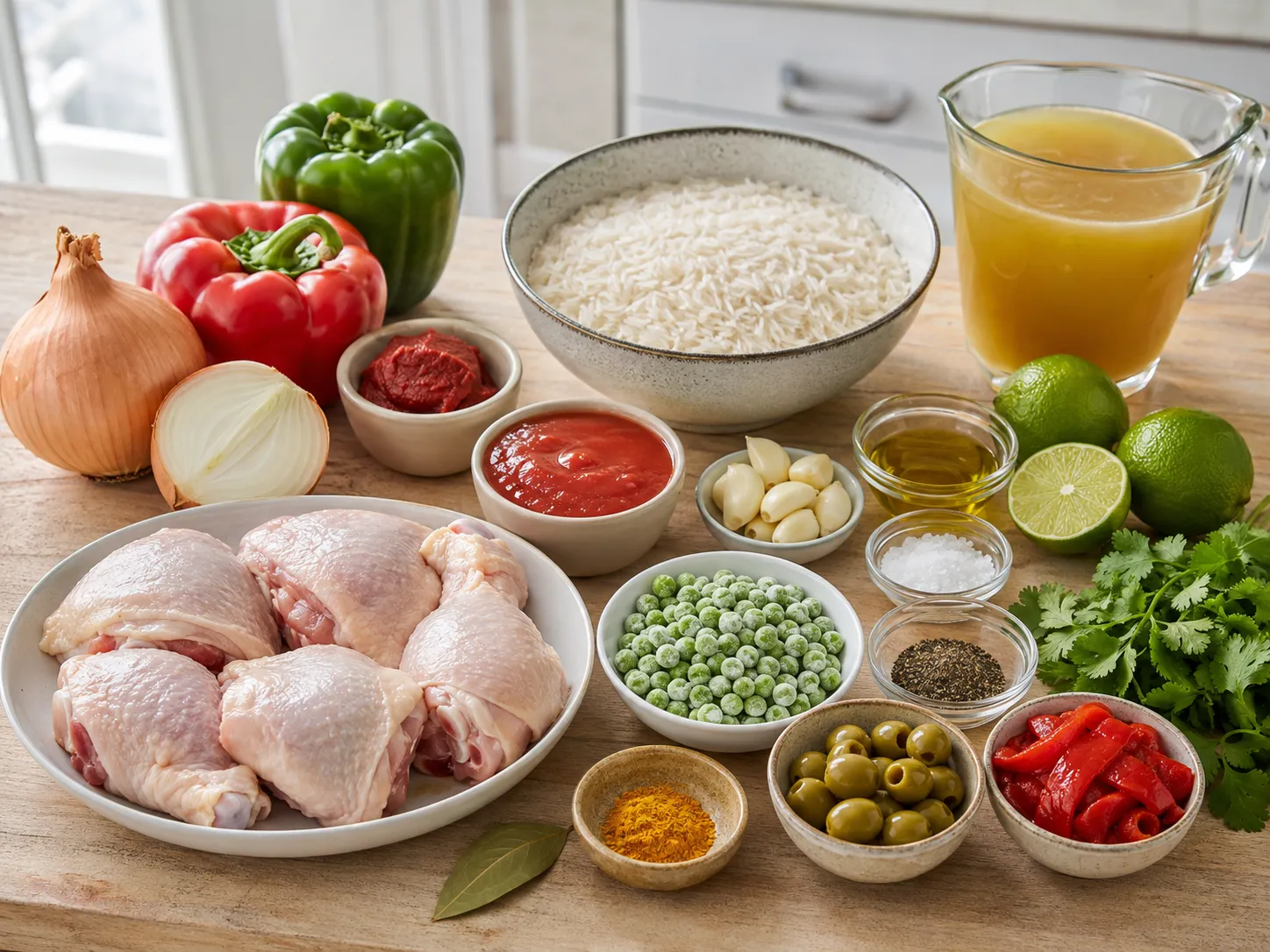 Ingredients for Arroz Con Pollo with chicken, rice, peppers, olives, and spices