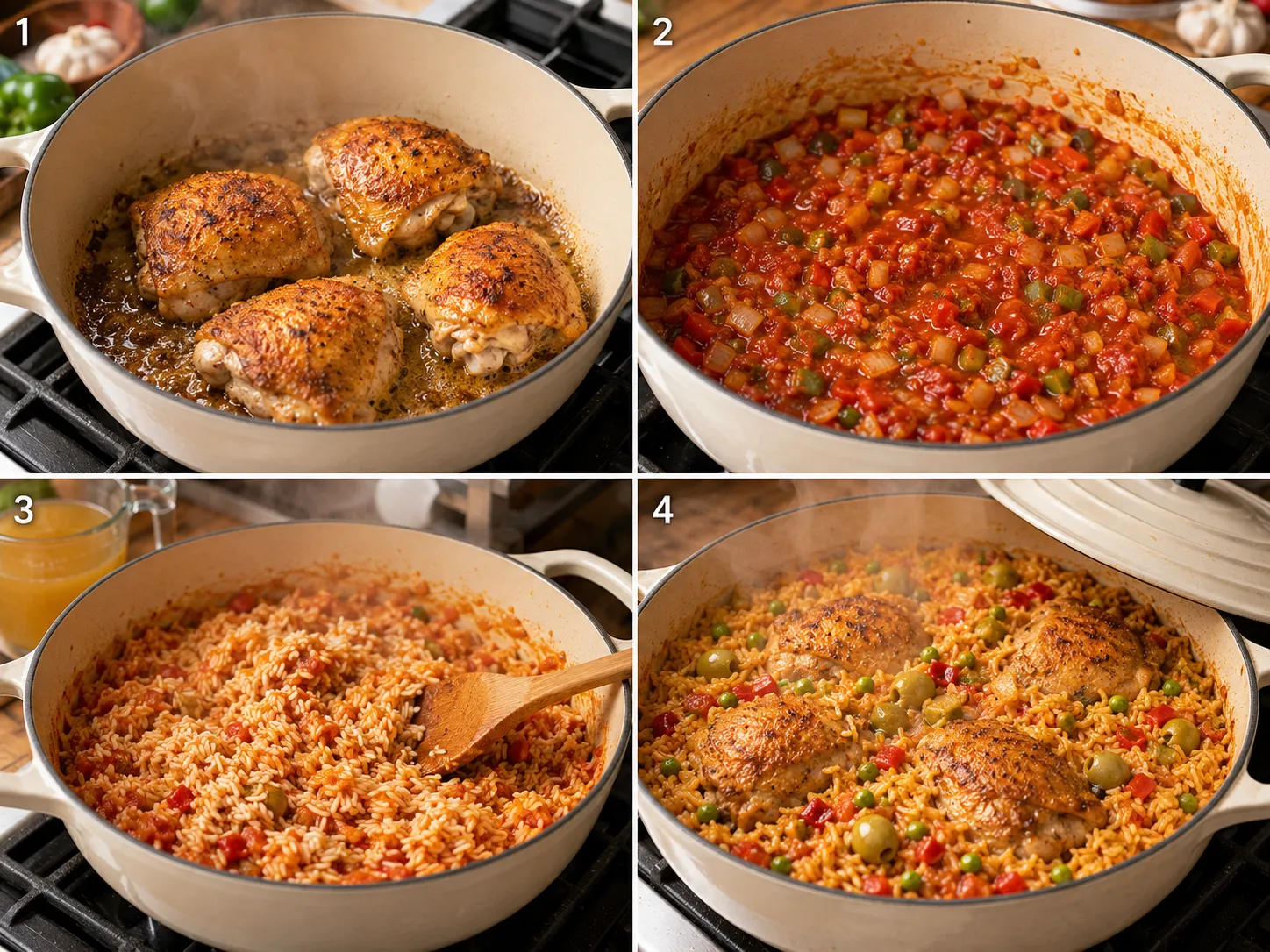 Four cooking steps for Arroz Con Pollo from browning chicken to finished rice