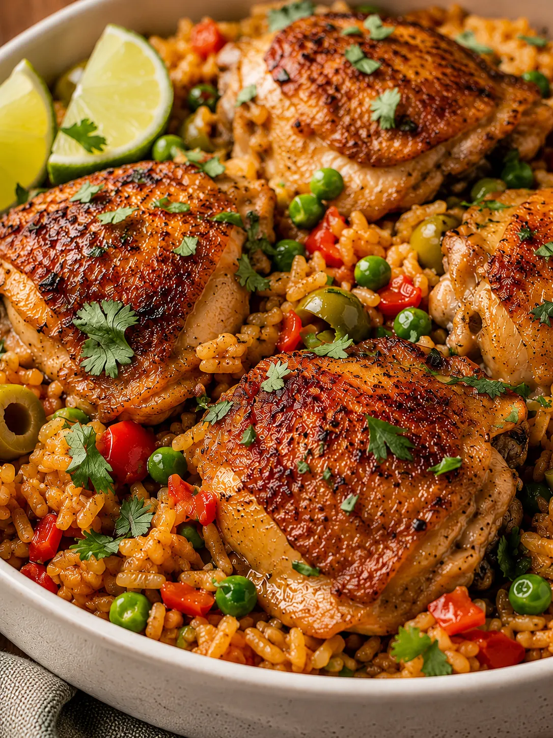 Arroz Con Pollo filling a bowl with golden rice, browned chicken, olives, and lime