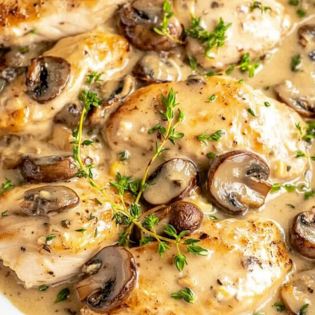 Easy Skillet Asiago Chicken and Mushrooms Recipe with Creamy Sauce