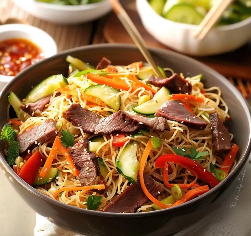 Asian Noodle and Beef Salad with Fresh Vegetables