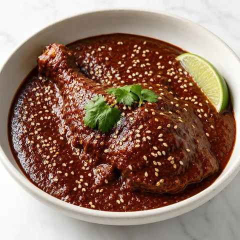 Chicken leg in dark mole sauce with sesame seeds and cilantro in a ceramic bowl