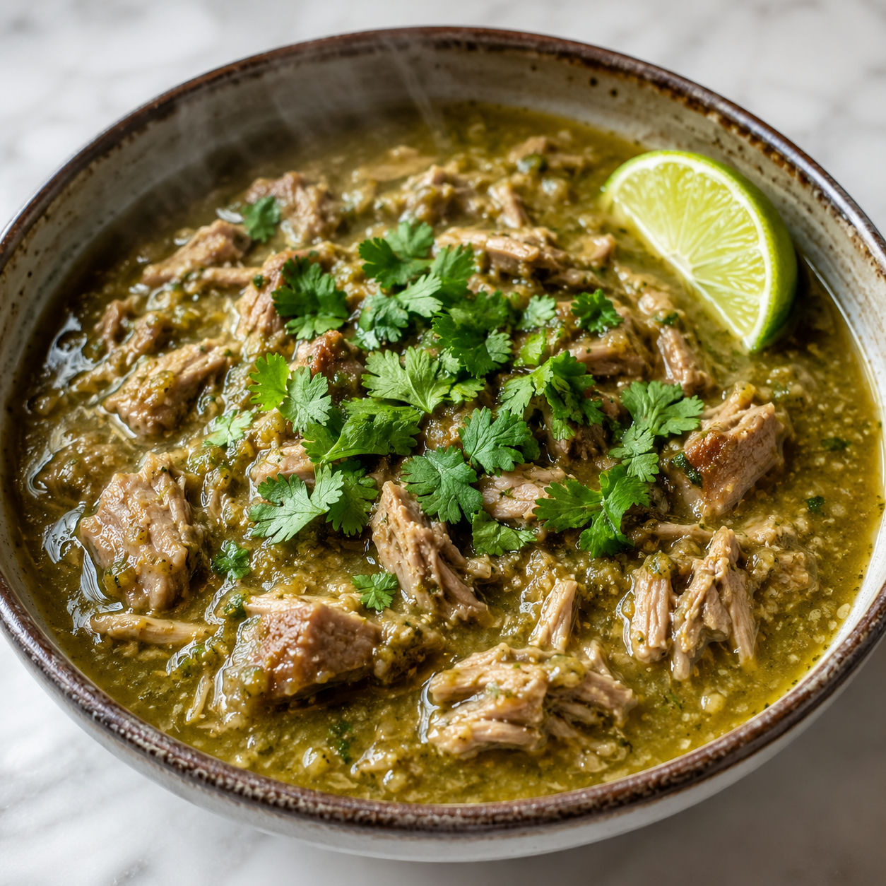 Authentic chili verde with tender pork and tomatillo sauce in a rustic ceramic bowl