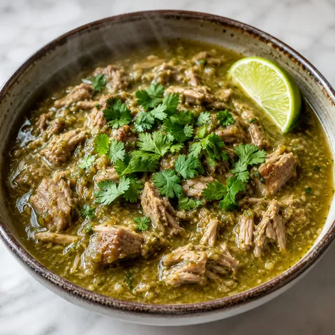 Authentic chili verde with tender pork and tomatillo sauce in a rustic ceramic bowl
