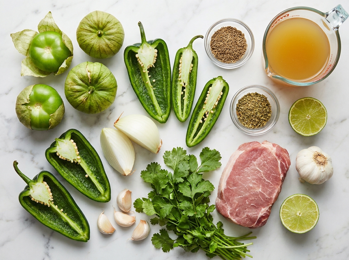 Raw chili verde ingredients including tomatillos, pork shoulder, poblanos, and cilantro