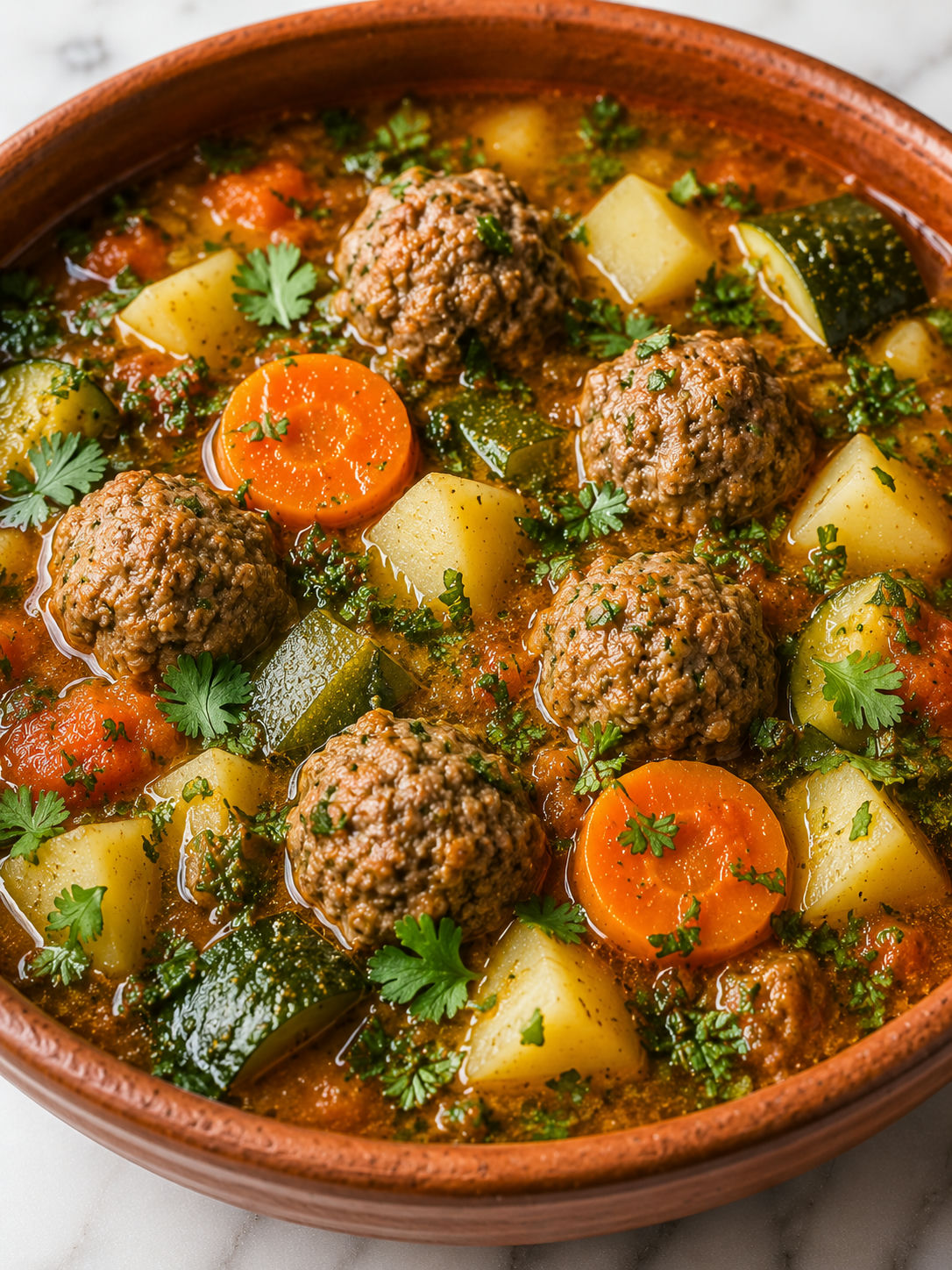Bowl of Mexican albondigas soup with meatballs, vegetables, cilantro, and lime