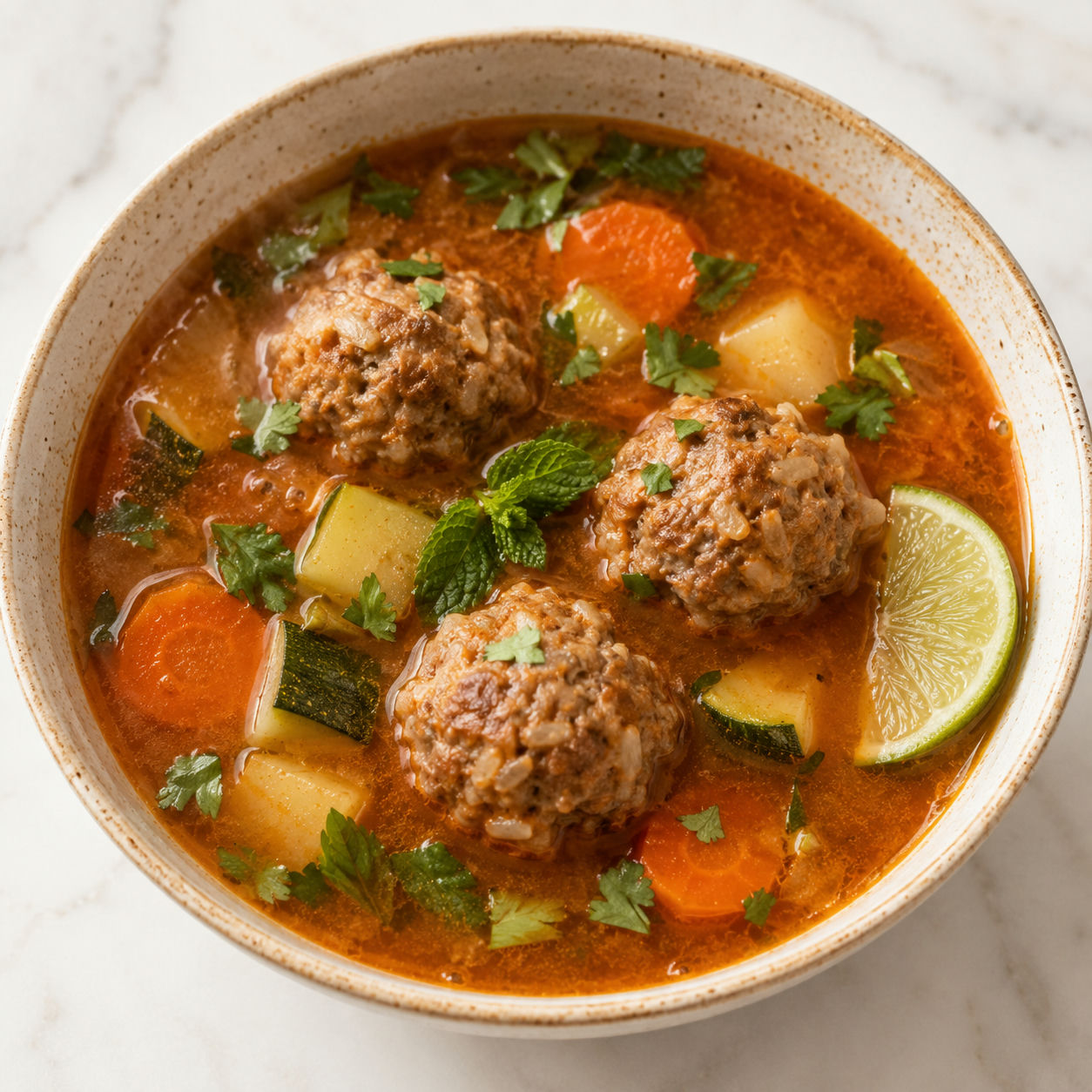Mexican albondigas soup with meatballs, vegetables, cilantro, and lime