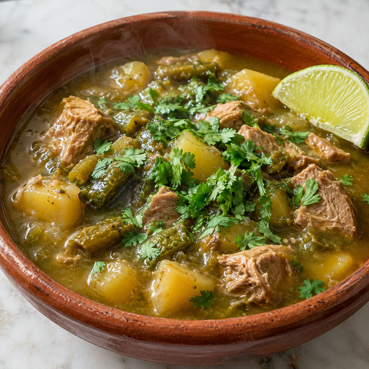 Mexican green chile stew with pork, Hatch chiles, and potatoes in a terracotta bowl with cilantro and lime