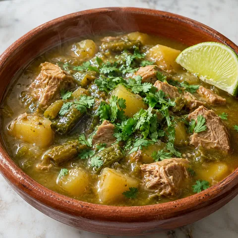 Mexican green chile stew with pork, Hatch chiles, and potatoes in a terracotta bowl with cilantro and lime