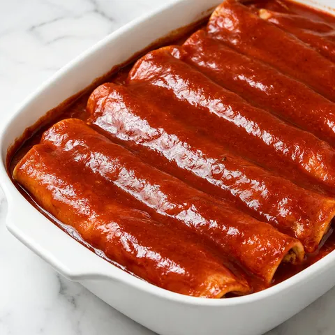 Glossy brick-red Mexican red chile sauce being ladled over enchiladas in a white ceramic baking dish
